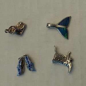 Set of 4 Charms..baby shoes, country boot, Holland Shoes. Fish Tale